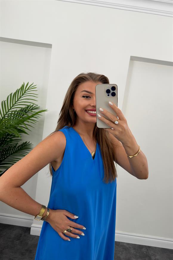 Lüx Kalite Tensel Kumaş V Yaka Basic Elbise Mavi