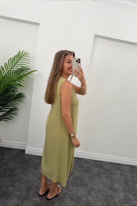Lüx Kalite Tensel Kumaş V Yaka Basic Elbise Yağ Yeşili