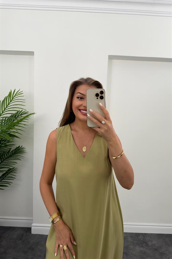 Lüx Kalite Tensel Kumaş V Yaka Basic Elbise Yağ Yeşili