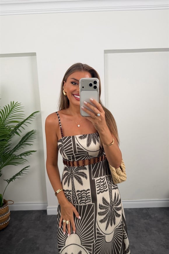 Lüx Marka Model Ahşap Boncuklu Ham Keten Maxi Elbise
