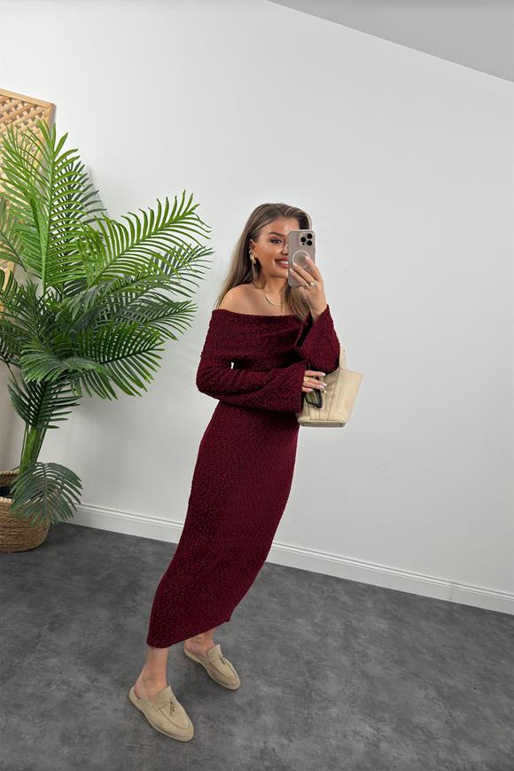 Madonna Yaka Buklet Triko Likralı Maxi Elbise Bordo