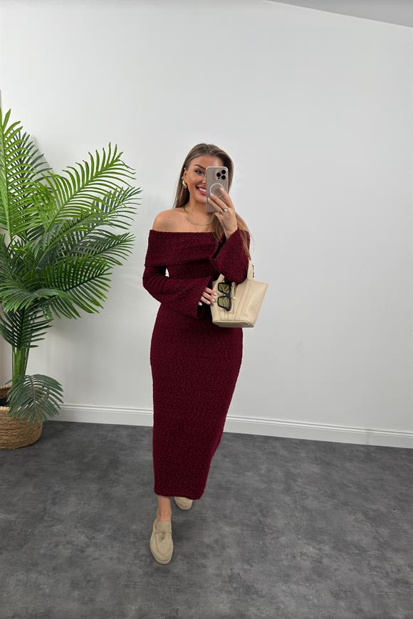 Madonna Yaka Buklet Triko Likralı Maxi Elbise Bordo