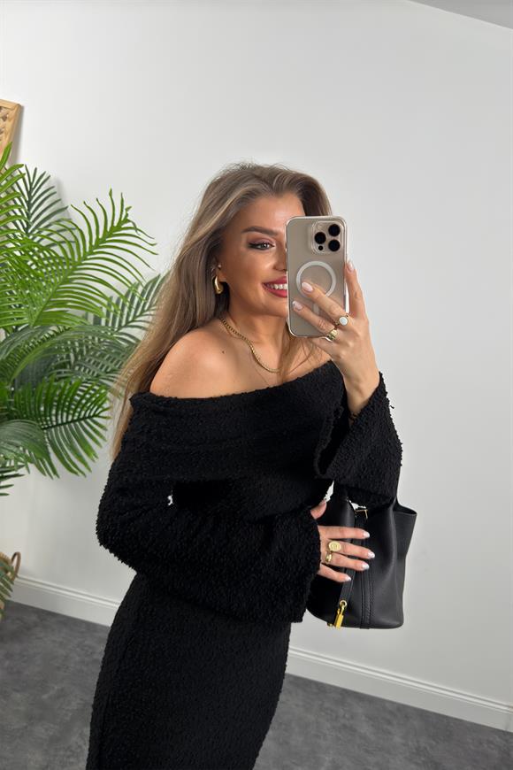 Madonna Yaka Buklet Triko Likralı Maxi Elbise Siyah