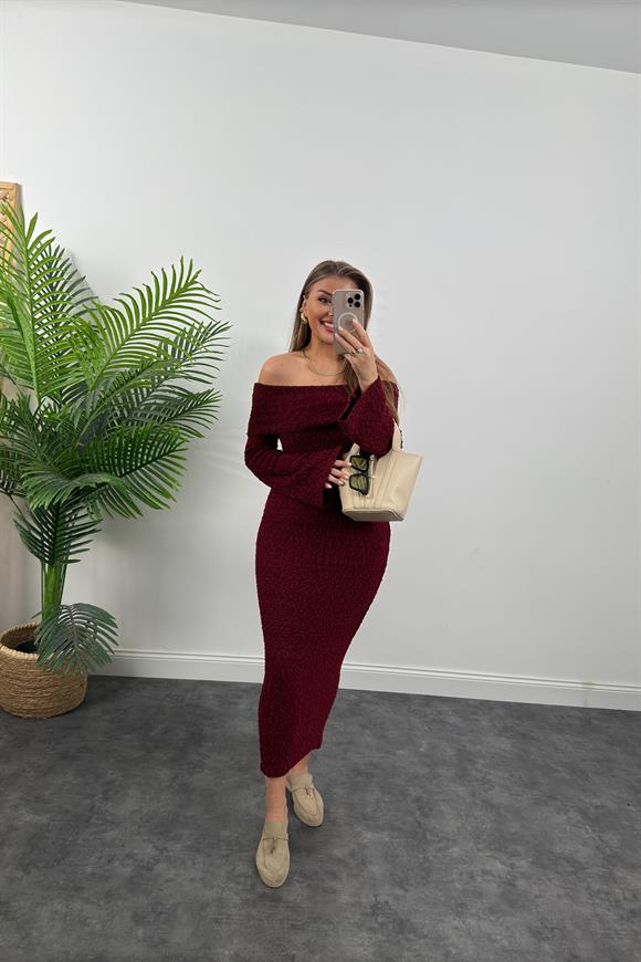 Madonna Yaka Buklet Triko Likralı Maxi Elbise Bordo