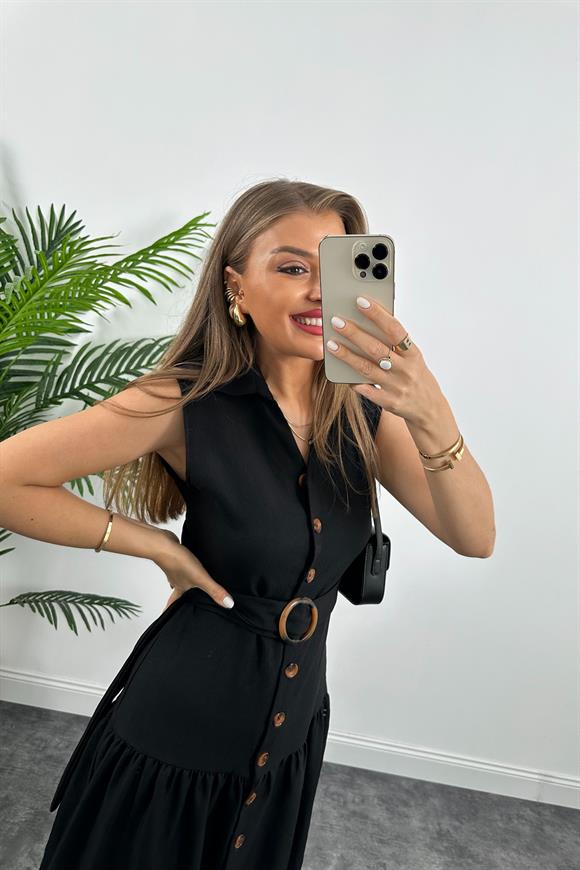 Mango Model Düğmeli Kemerli Keten Elbise Siyah