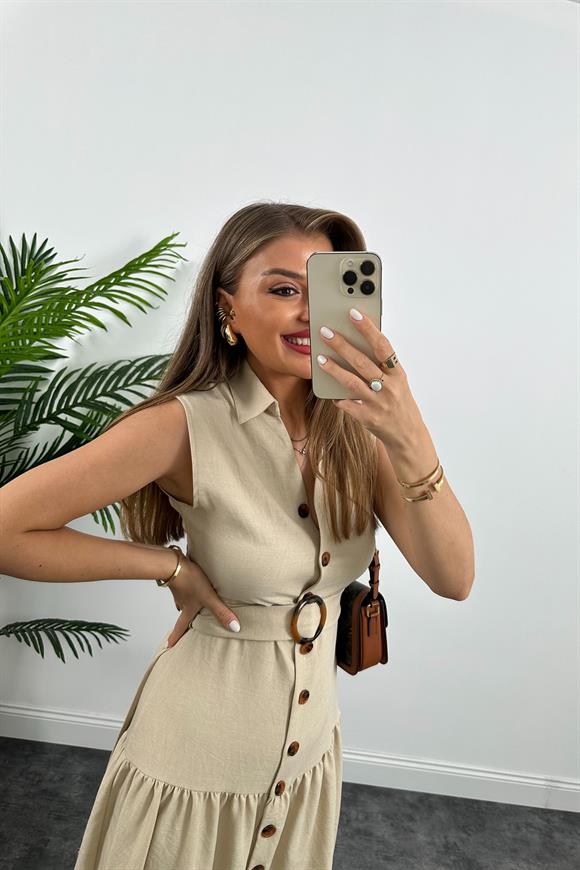 Mango Model Düğmeli Kemerli Keten Elbise Taş
