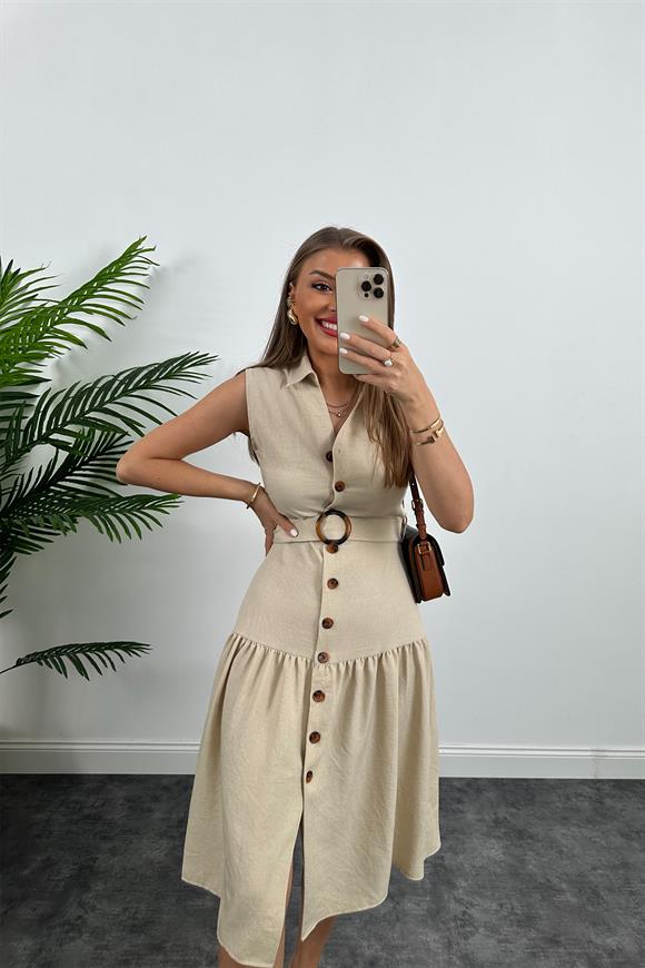 Mango Model Düğmeli Kemerli Keten Elbise Taş