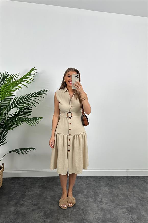Mango Model Düğmeli Kemerli Keten Elbise Taş