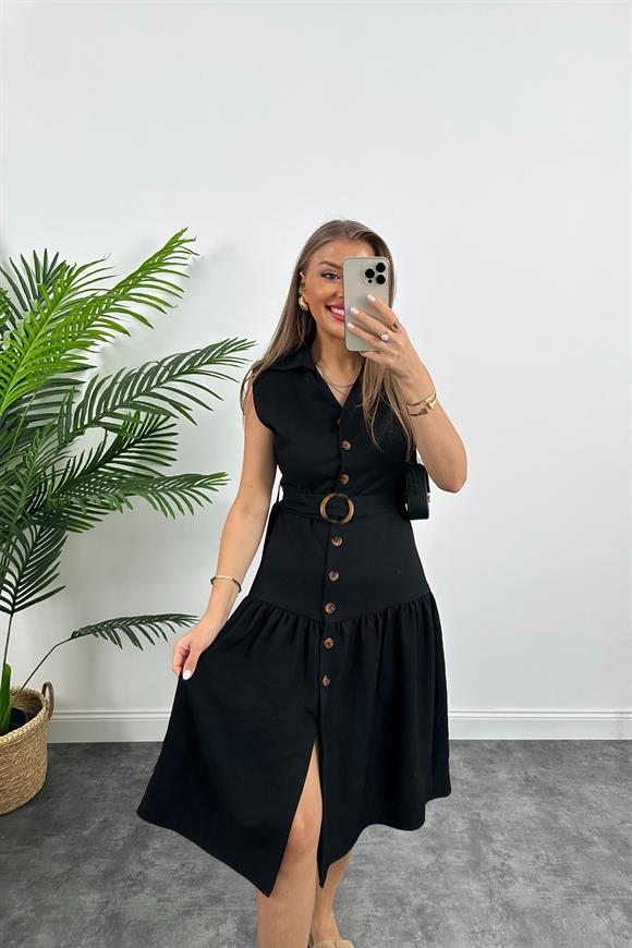 Mango Model Düğmeli Kemerli Keten Elbise Siyah