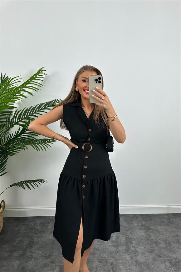 Mango Model Düğmeli Kemerli Keten Elbise Siyah