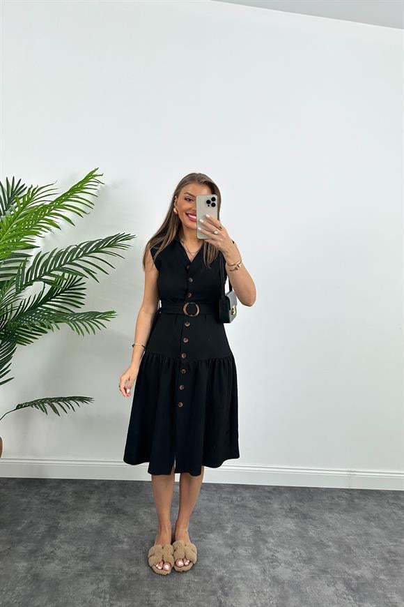Mango Model Düğmeli Kemerli Keten Elbise Siyah