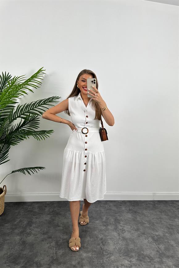 Mango Model Düğmeli Kemerli Keten Elbise Beyaz