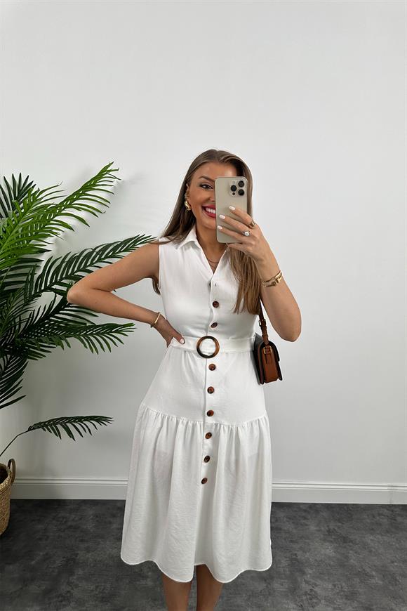 Mango Model Düğmeli Kemerli Keten Elbise Beyaz