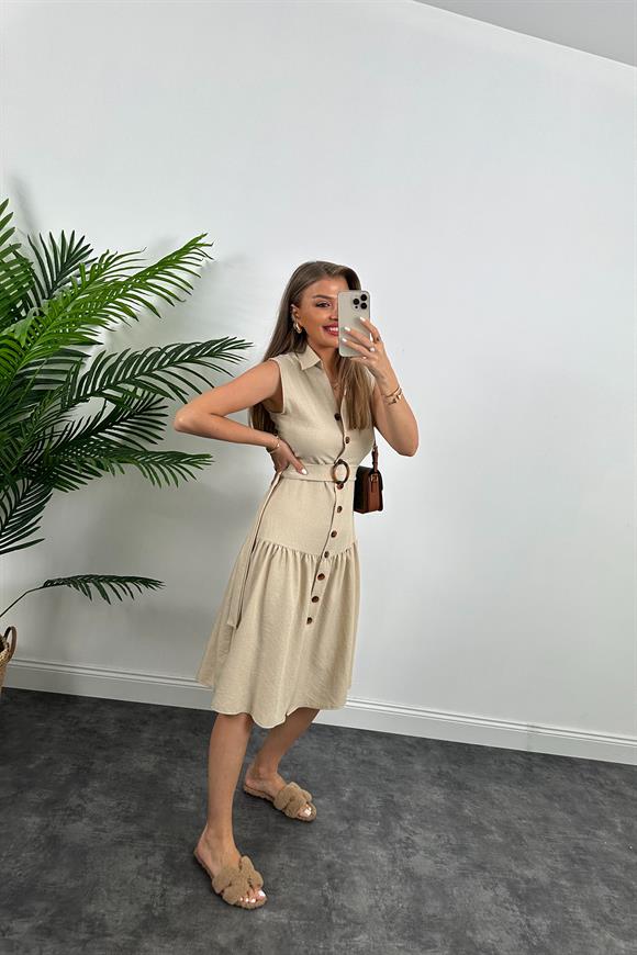 Mango Model Düğmeli Kemerli Keten Elbise Taş