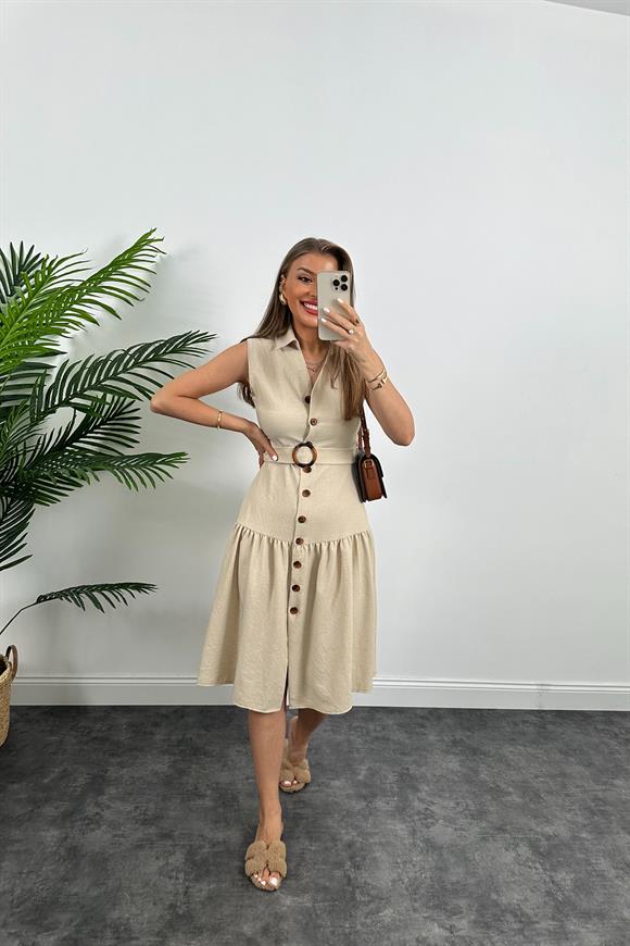 Mango Model Düğmeli Kemerli Keten Elbise Taş