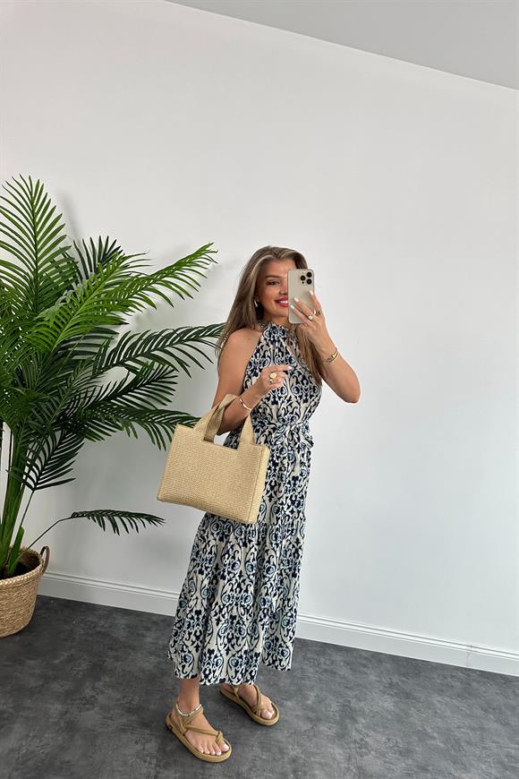 Marka Model %100 Pamuk Keten Mavi Desenli Maxi Elbise