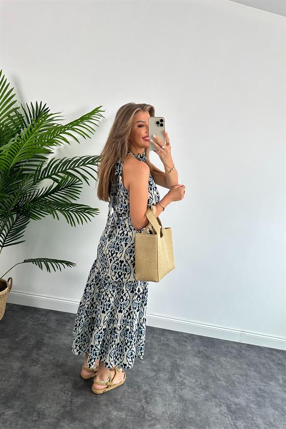 Marka Model %100 Pamuk Keten Mavi Desenli Maxi Elbise