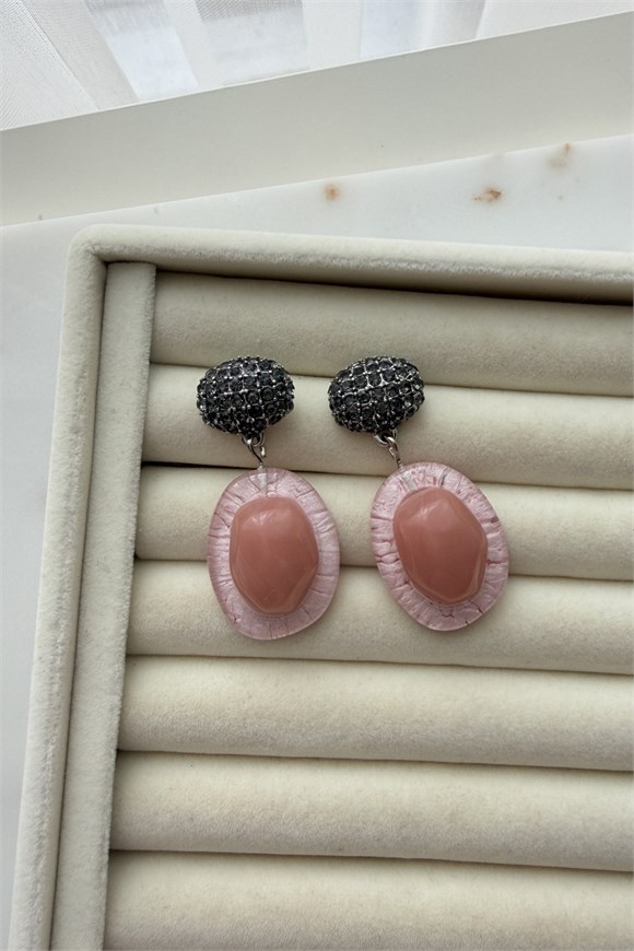 Marka Model Antrasit Taşlı Pembe Küpe