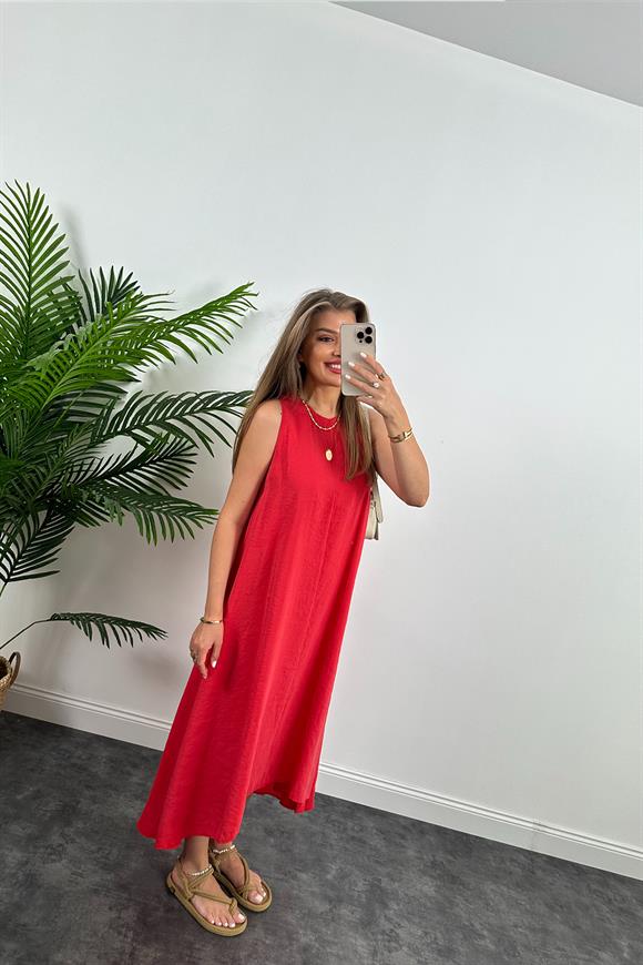 Marka Model Asimetrik Etek Salaş Tensel Elbise Nar Çiçeği Kırmızı