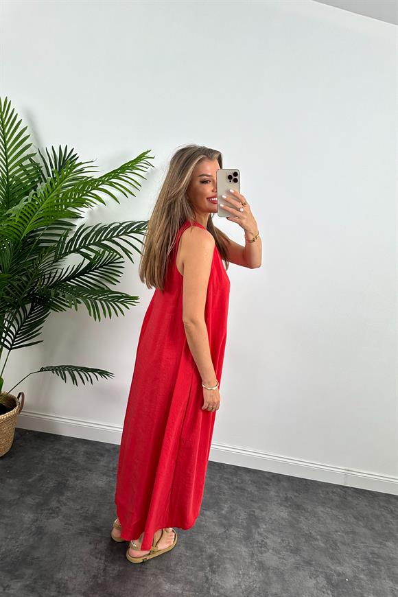 Marka Model Asimetrik Etek Salaş Tensel Elbise Nar Çiçeği Kırmızı