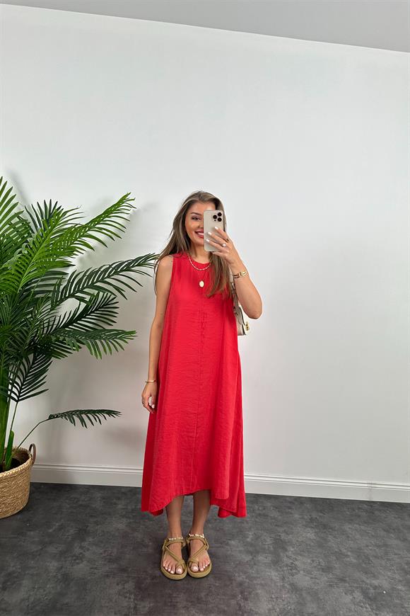 Marka Model Asimetrik Etek Salaş Tensel Elbise Nar Çiçeği Kırmızı