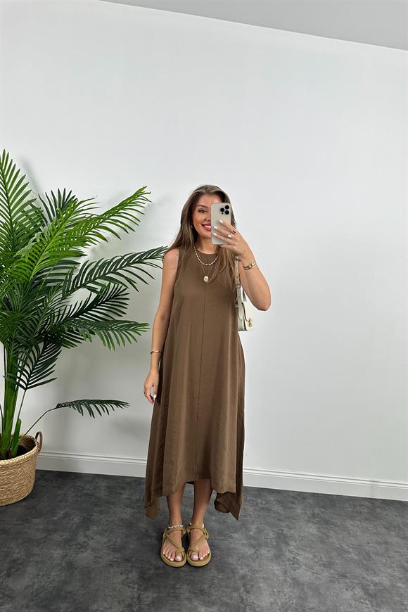 Marka Model Asimetrik Etek Salaş Tensel Elbise Kahverengi