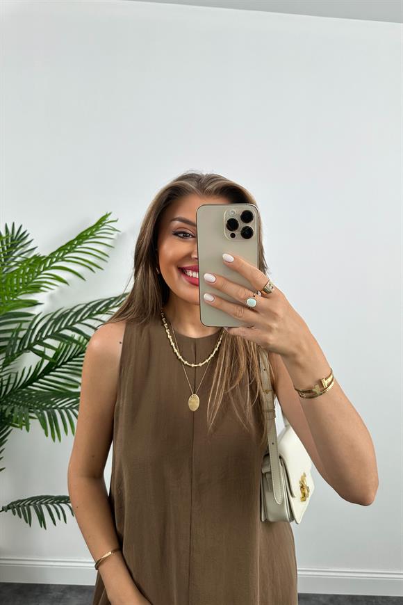 Marka Model Asimetrik Etek Salaş Tensel Elbise Kahverengi