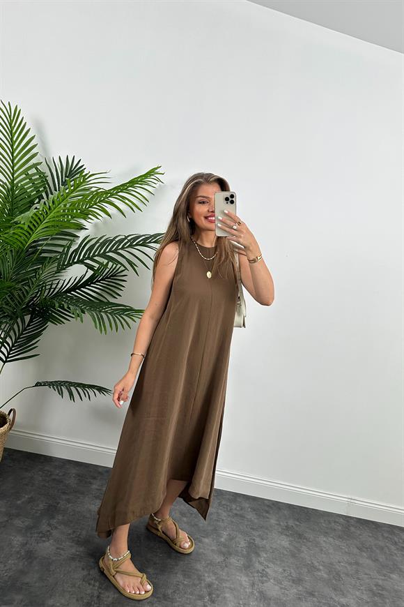 Marka Model Asimetrik Etek Salaş Tensel Elbise Kahverengi