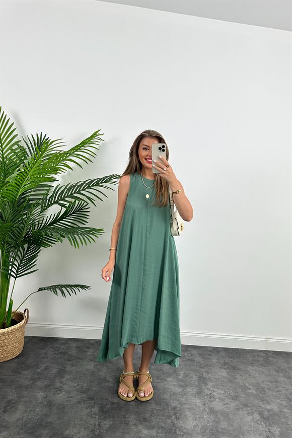 Marka Model Asimetrik Etek Salaş Tensel Elbise Haki