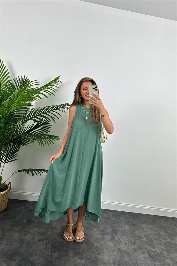 Marka Model Asimetrik Etek Salaş Tensel Elbise Haki