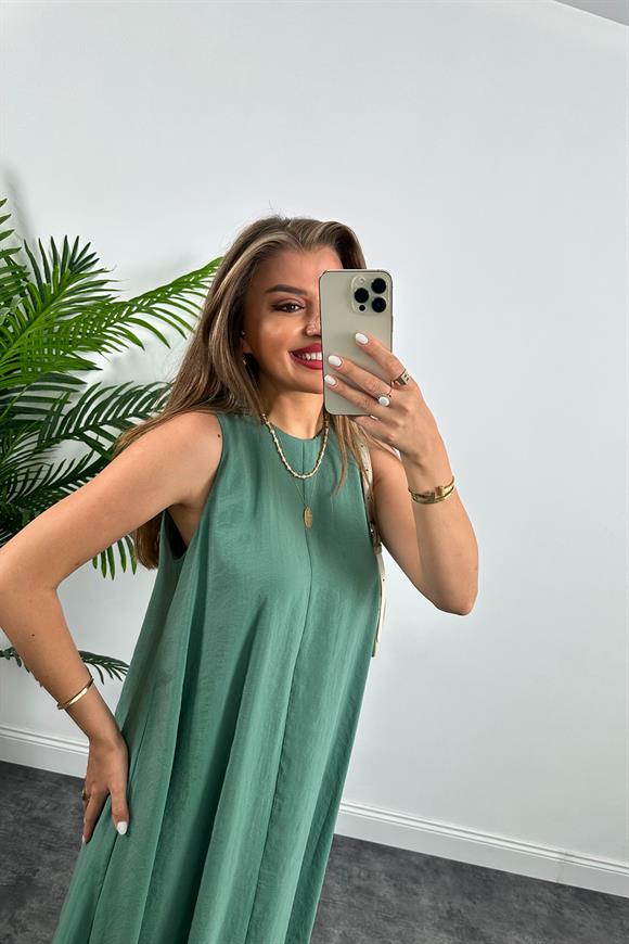 Marka Model Asimetrik Etek Salaş Tensel Elbise Haki