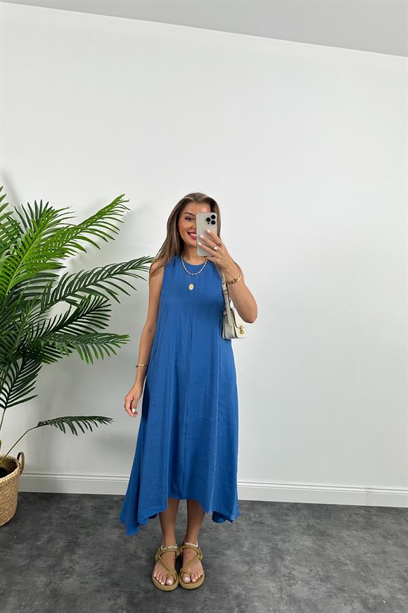 Marka Model Asimetrik Etek Salaş Tensel Elbise İndigo