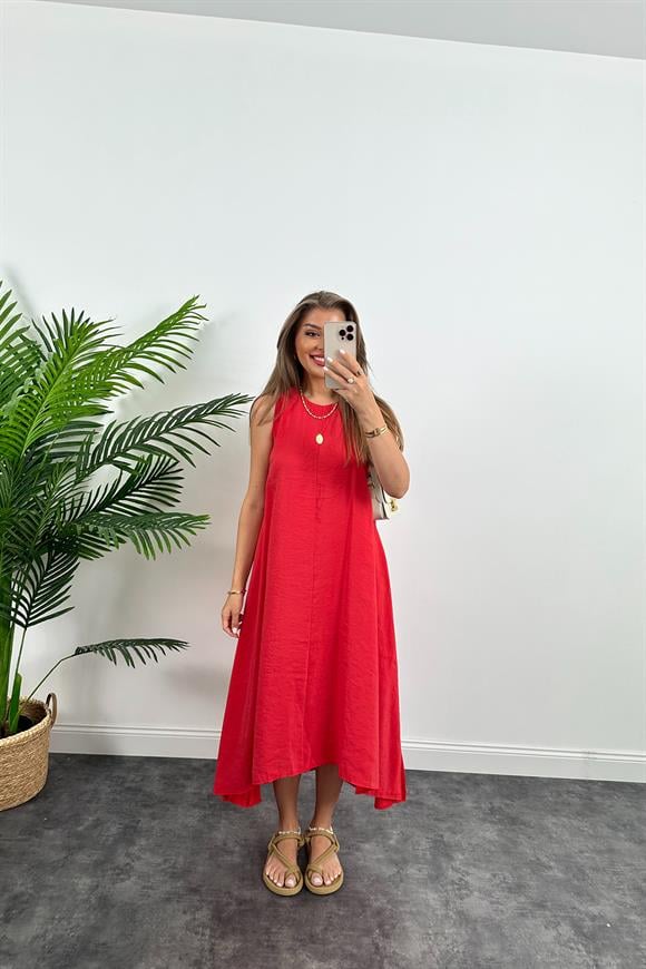 Marka Model Asimetrik Etek Salaş Tensel Elbise Nar Çiçeği Kırmızı