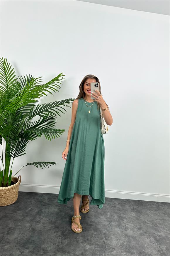Marka Model Asimetrik Etek Salaş Tensel Elbise Haki