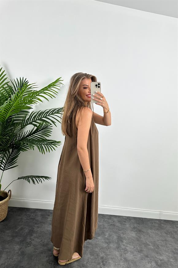 Marka Model Asimetrik Etek Salaş Tensel Elbise Kahverengi
