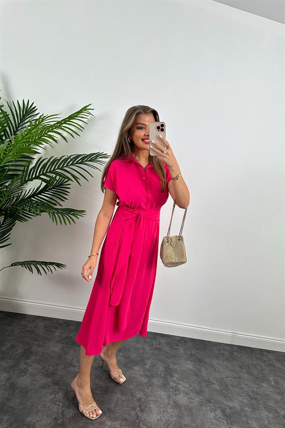 Marka Model Beli Kuşakli Midi Boy Kloş Elbise Fuşya