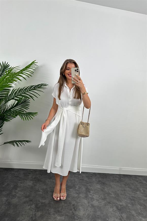 Marka Model Beli Kuşakli Midi Boy Kloş Elbise Beyaz