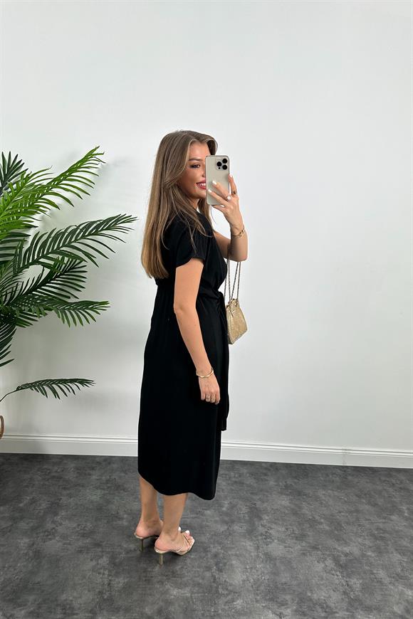 Marka Model Beli Kuşakli Midi Boy Kloş Elbise Siyah