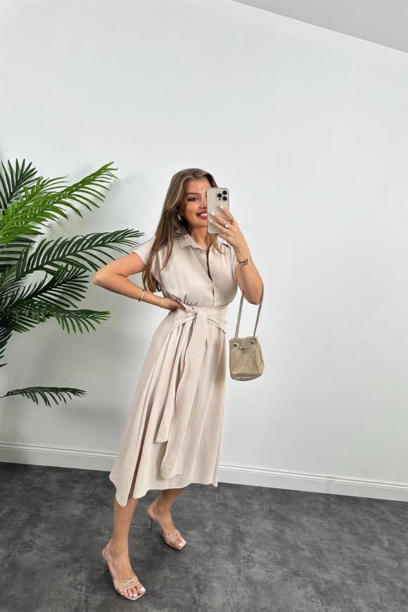 Marka Model Beli Kuşakli Midi Boy Kloş Elbise Taş