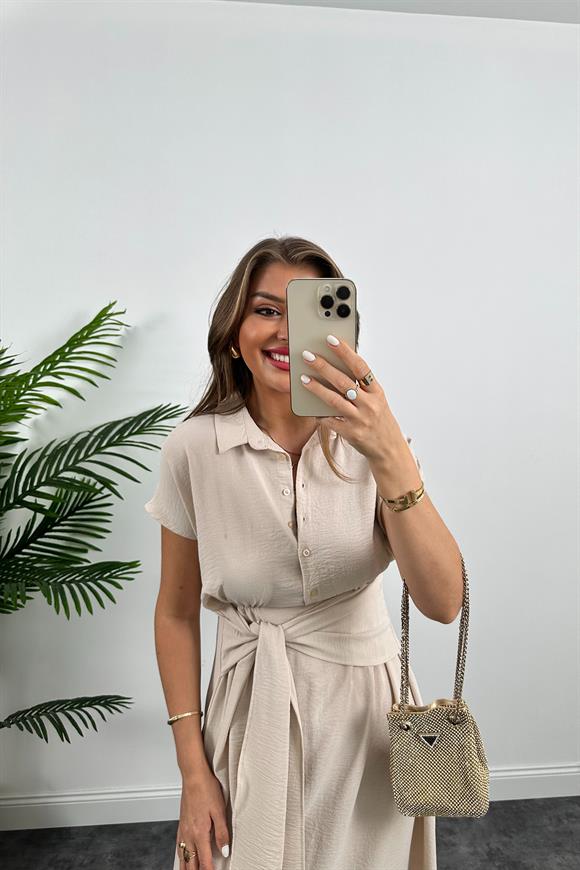 Marka Model Beli Kuşakli Midi Boy Kloş Elbise Taş