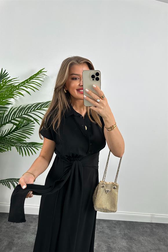 Marka Model Beli Kuşakli Midi Boy Kloş Elbise Siyah
