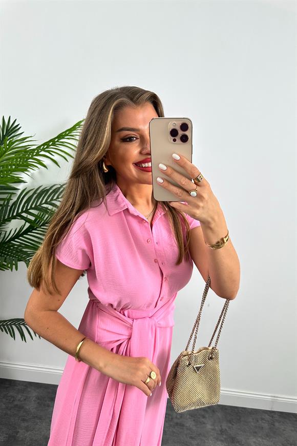 Marka Model Beli Kuşakli Midi Boy Kloş Elbise Şeker Pembe
