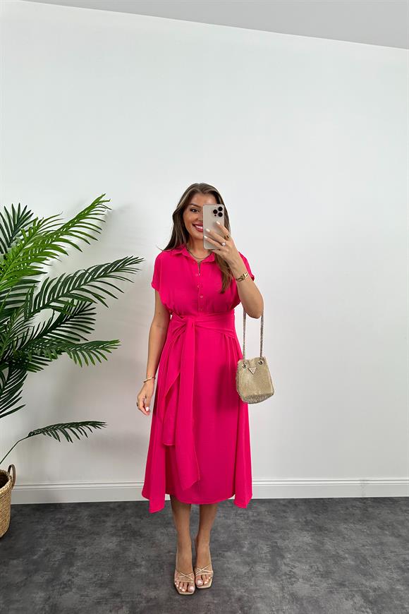 Marka Model Beli Kuşakli Midi Boy Kloş Elbise Fuşya