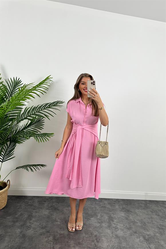 Marka Model Beli Kuşakli Midi Boy Kloş Elbise Şeker Pembe