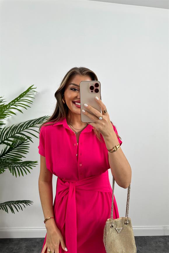 Marka Model Beli Kuşakli Midi Boy Kloş Elbise Fuşya