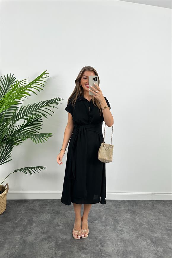 Marka Model Beli Kuşakli Midi Boy Kloş Elbise Siyah