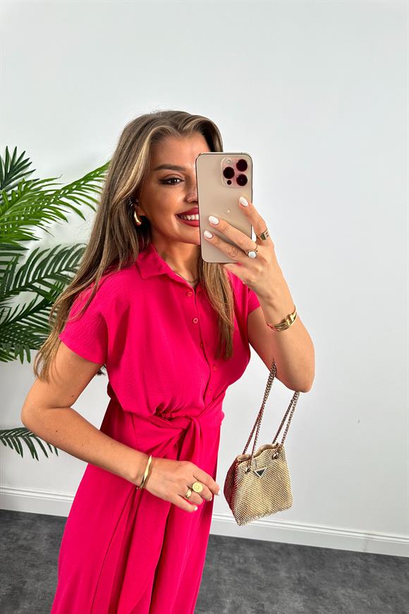 Marka Model Beli Kuşakli Midi Boy Kloş Elbise Fuşya