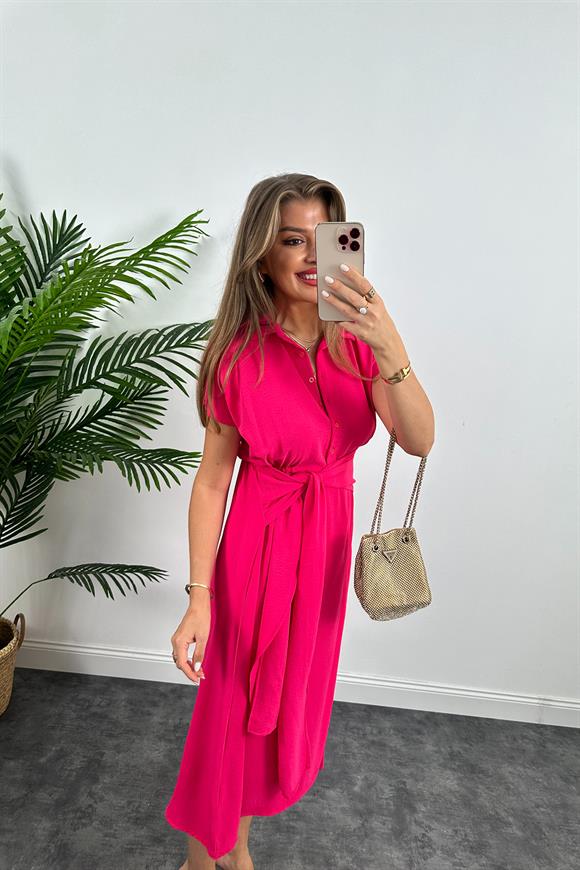 Marka Model Beli Kuşakli Midi Boy Kloş Elbise Fuşya