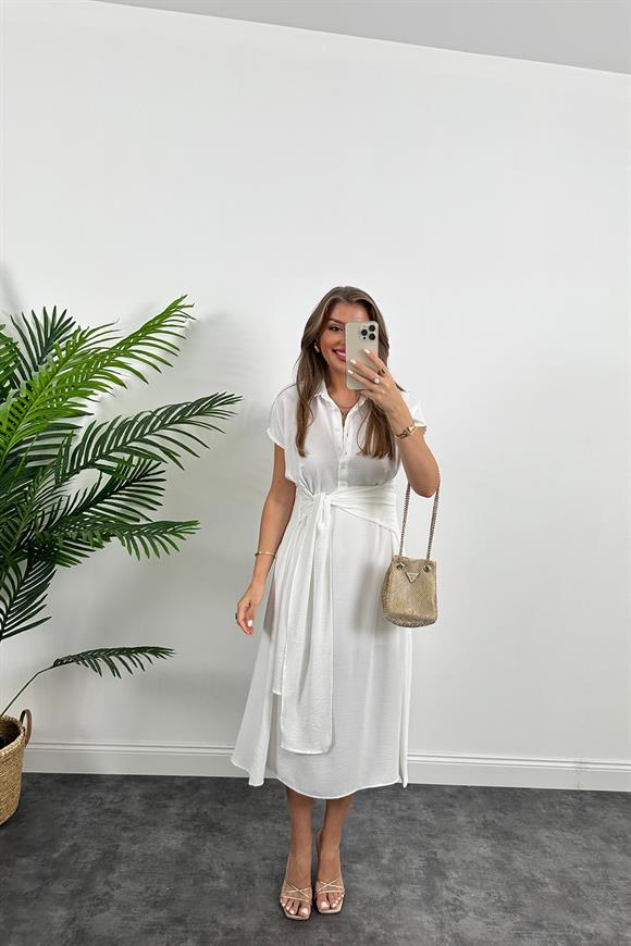 Marka Model Beli Kuşakli Midi Boy Kloş Elbise Beyaz