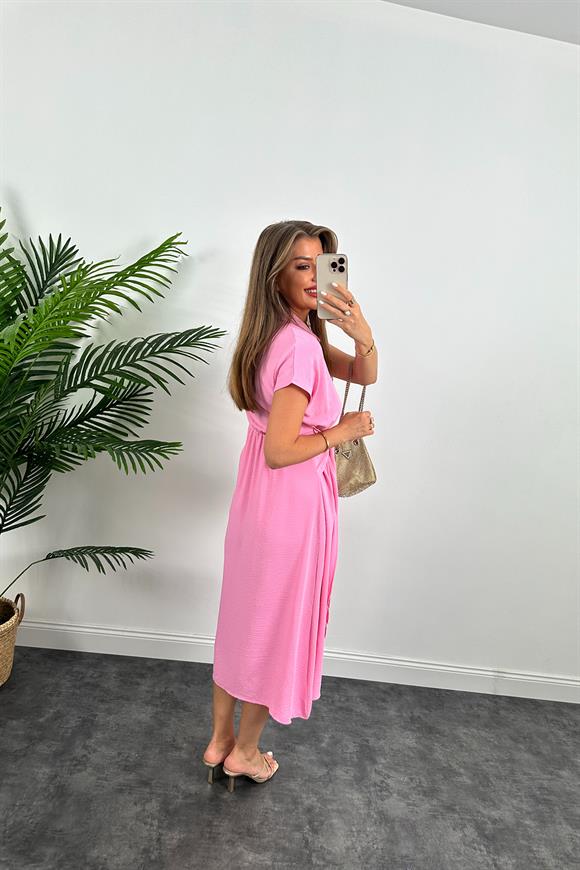 Marka Model Beli Kuşakli Midi Boy Kloş Elbise Şeker Pembe